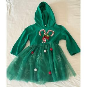 Green Hooded 90 / 2T Girls Candy-Cane Tulle Snowflake Dress Christmas